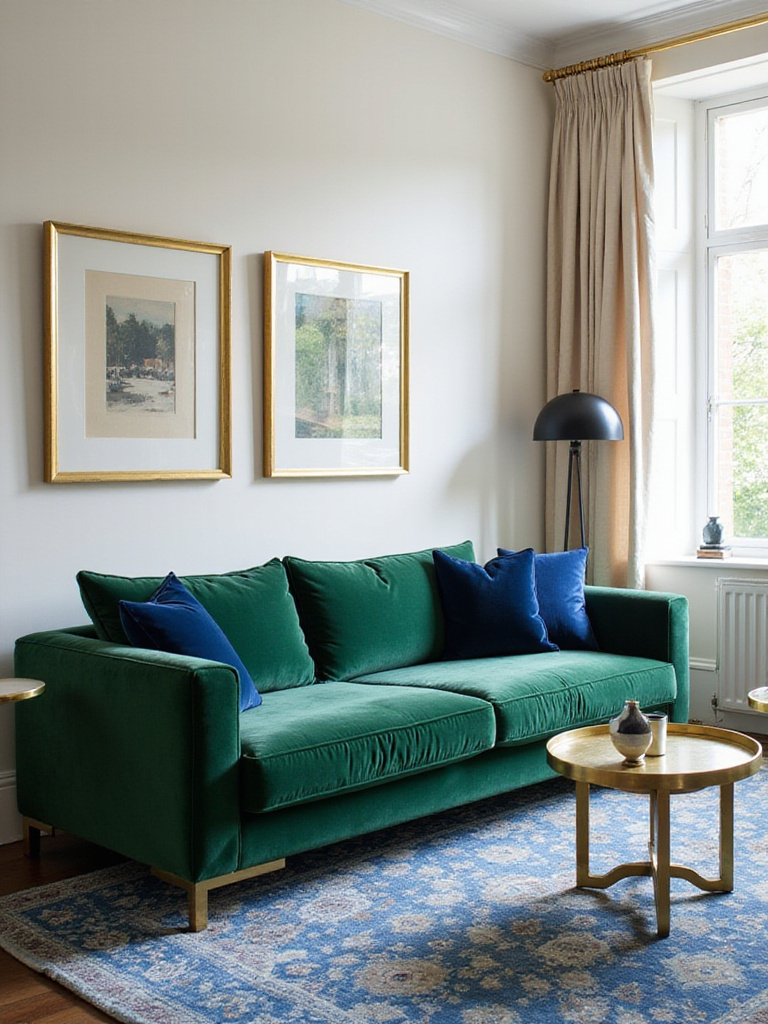 Luxurious living room with emerald green velvet sofa and jewel-toned accents.