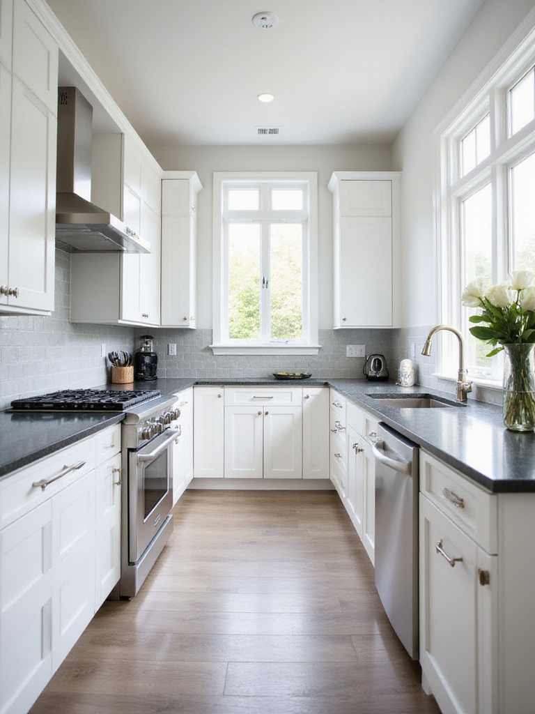 Modern kitchen with white shaker cabinets and dark gray quartz countertops.