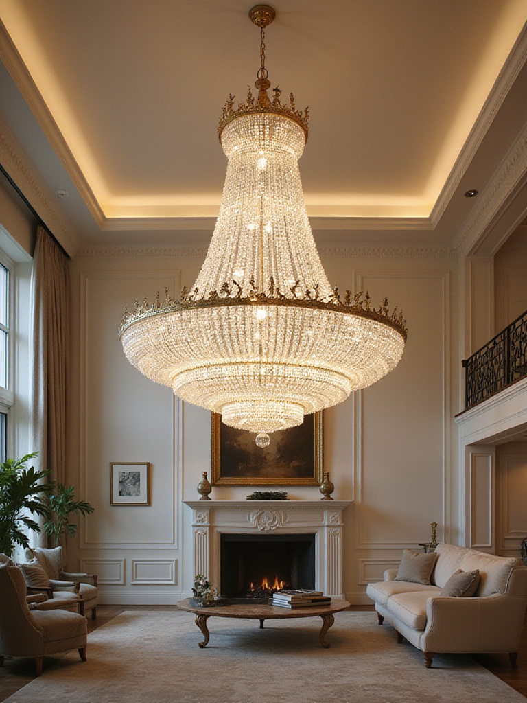 Luxury living room featuring a dazzling statement crystal chandelier