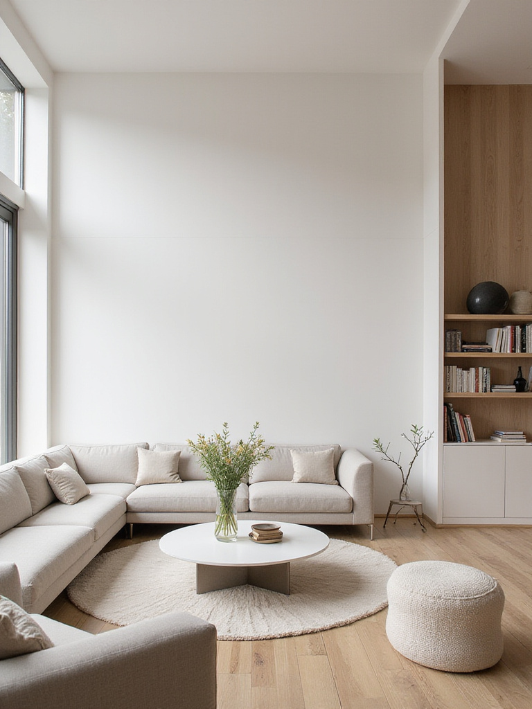 Minimalist living room design showcasing a clutter-free and organized space with neutral tones and natural light.