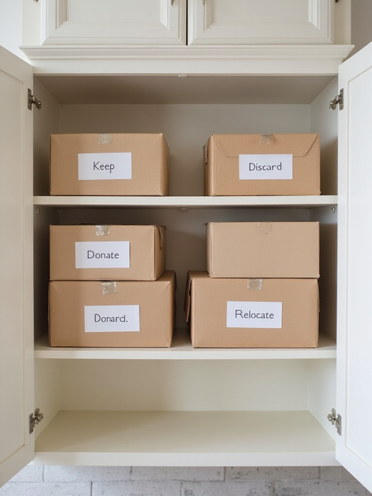 Empty kitchen cabinets with organized boxes for decluttering: Keep, Donate, Discard, Relocate.