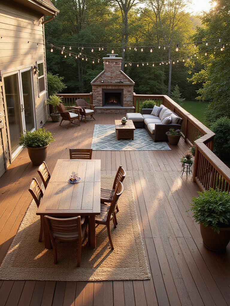 Spacious wooden deck with distinct dining and lounge zones defined by furniture groupings, outdoor rugs, and potted plants under warm afternoon light.