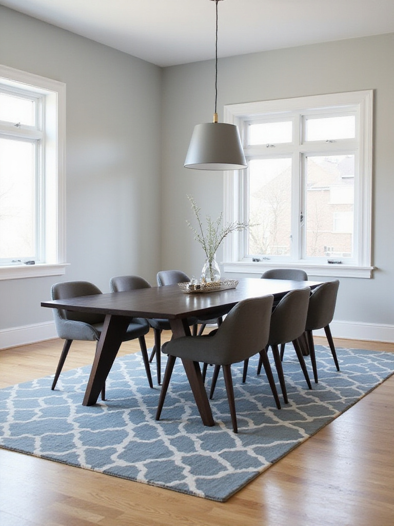 Modern dining room with geometric patterned area rug