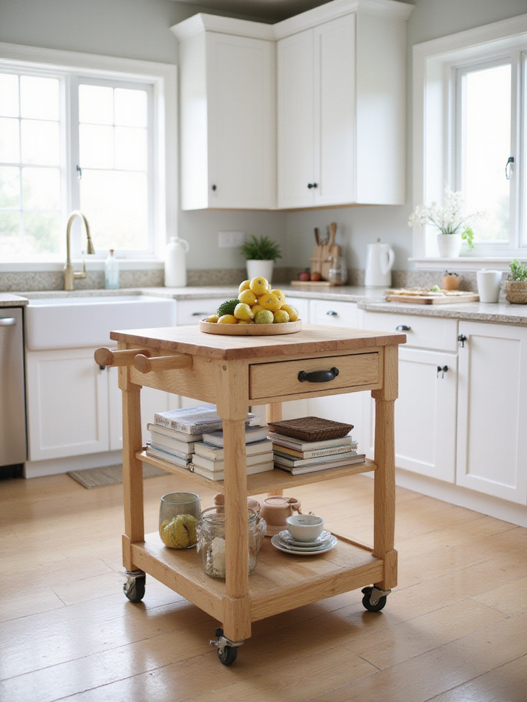 Rolling wood kitchen island with butcher block top and open shelving for flexible kitchen space
