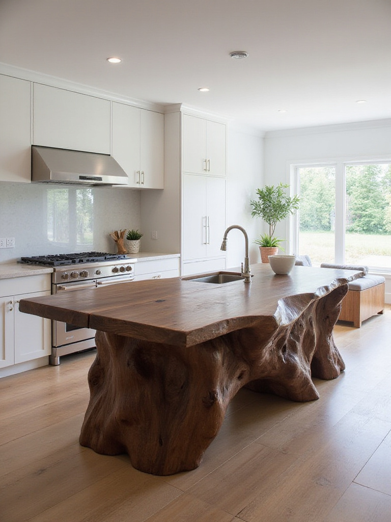 Sculptural wood kitchen island with live-edge countertop in a modern kitchen.