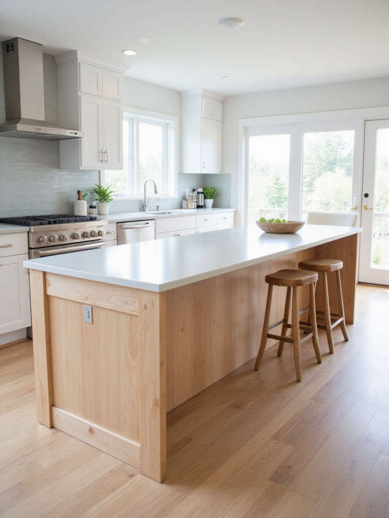 Modern kitchen with a light maple wood island and white quartz countertop.