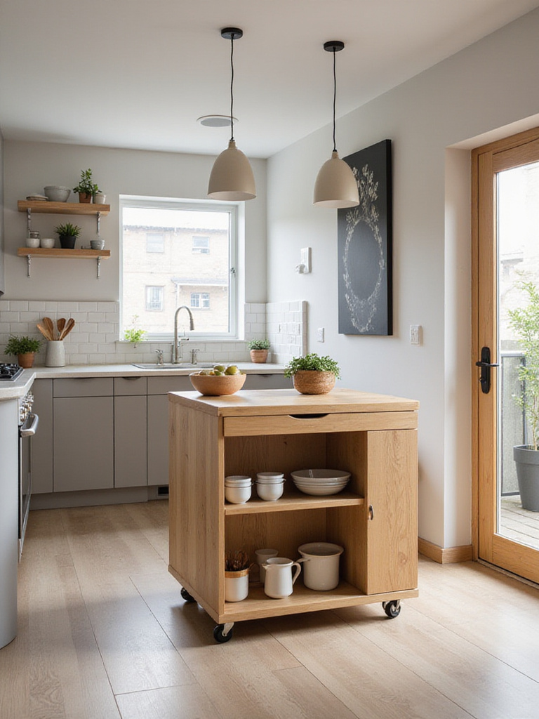 Compact wood kitchen island with open shelving in a small apartment kitchen.