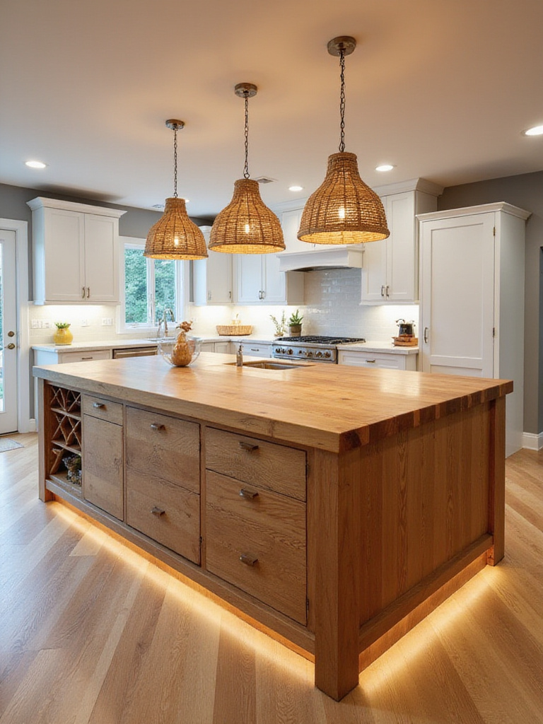 Wood kitchen island illuminated by pendant lights and under-cabinet lighting.