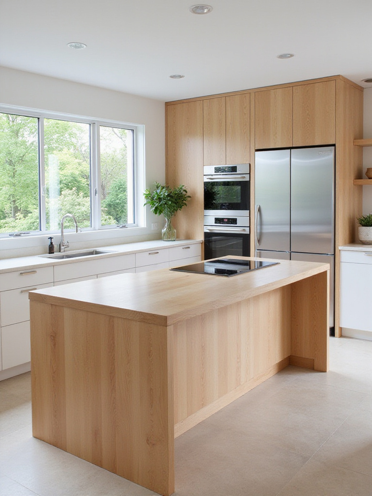 Sleek modern kitchen with light maple wood waterfall island