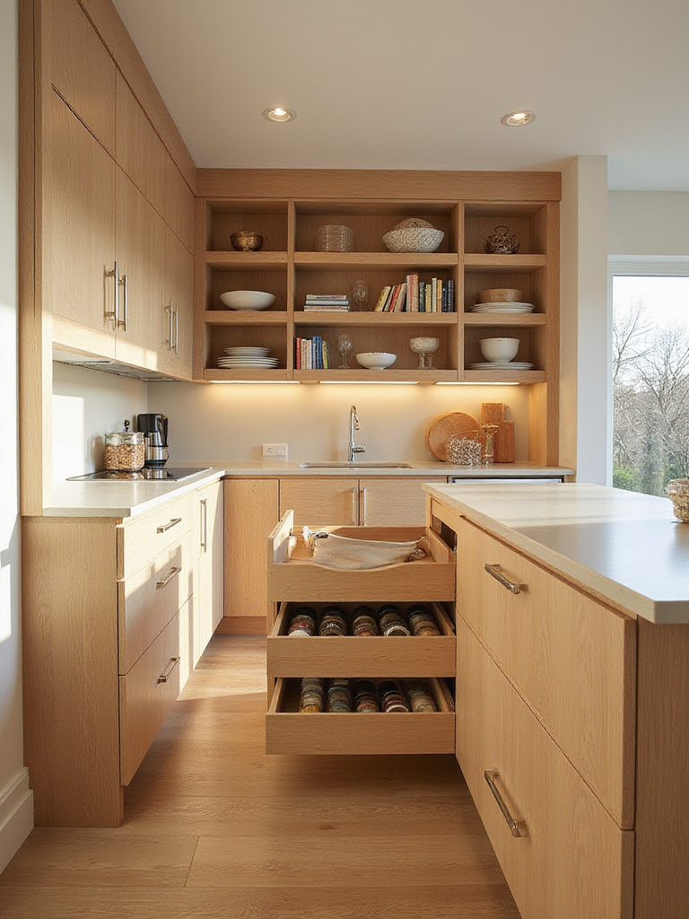 Wood kitchen island with smart storage solutions including drawers, cabinets, and open shelving.