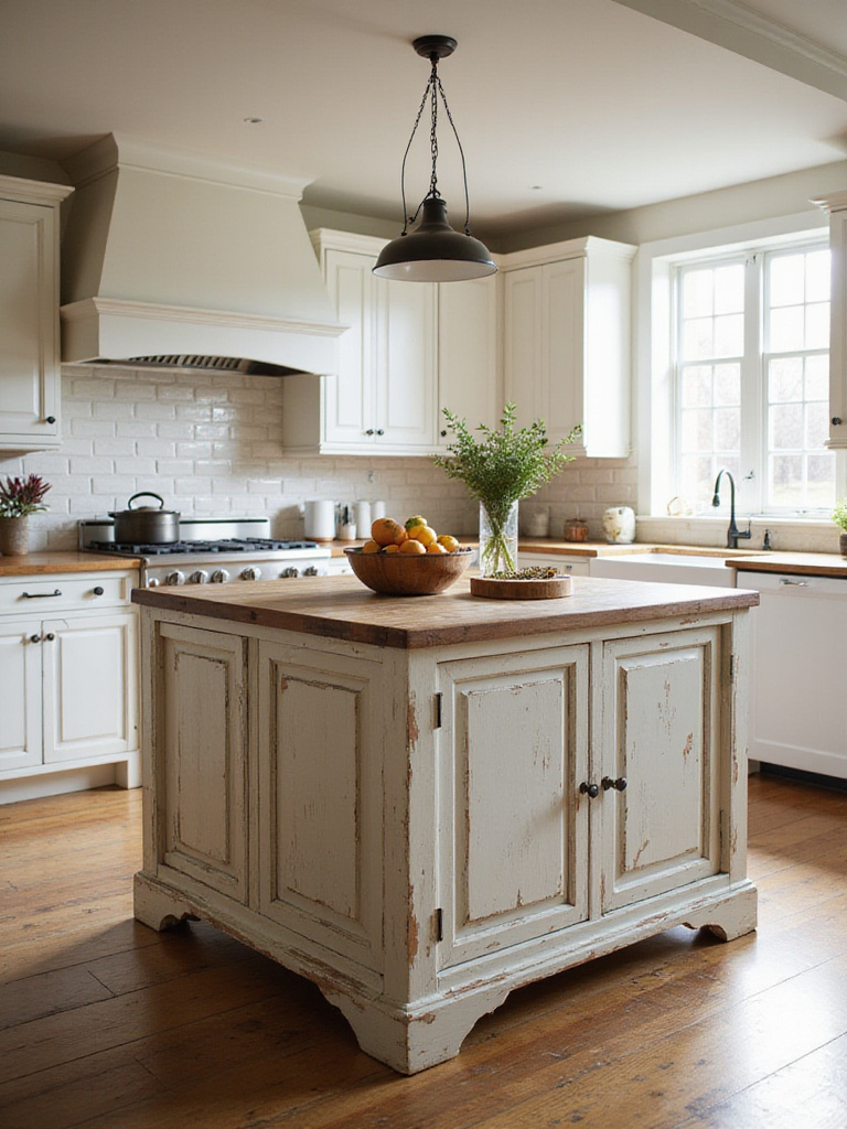 Distressed wood kitchen island in a farmhouse style kitchen