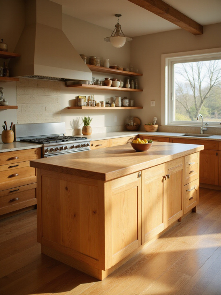 Well-maintained wooden kitchen island in a bright, modern kitchen.