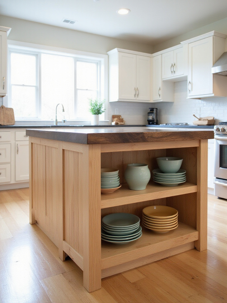 DIY wooden kitchen island with butcher block countertop and open shelving in a modern kitchen.