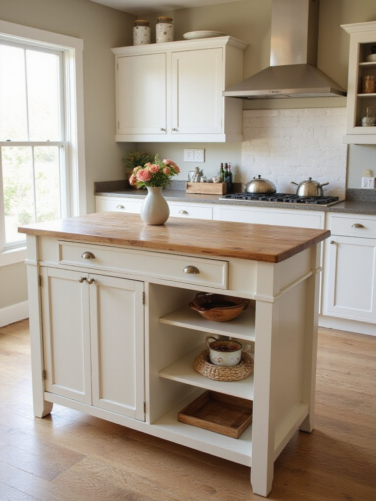Budget-friendly wood kitchen island with butcher block top and painted pine base.