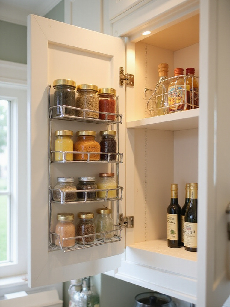 Kitchen cabinet interior with door-mounted spice rack and organizer for oils and vinegars.