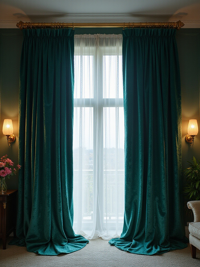 Luxurious living room with floor-to-ceiling velvet drapes