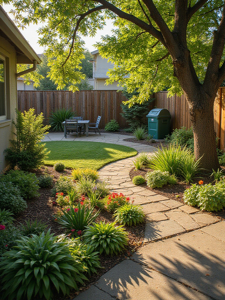 Sustainable backyard landscaping with rain garden, compost bin, and drought-tolerant groundcover.