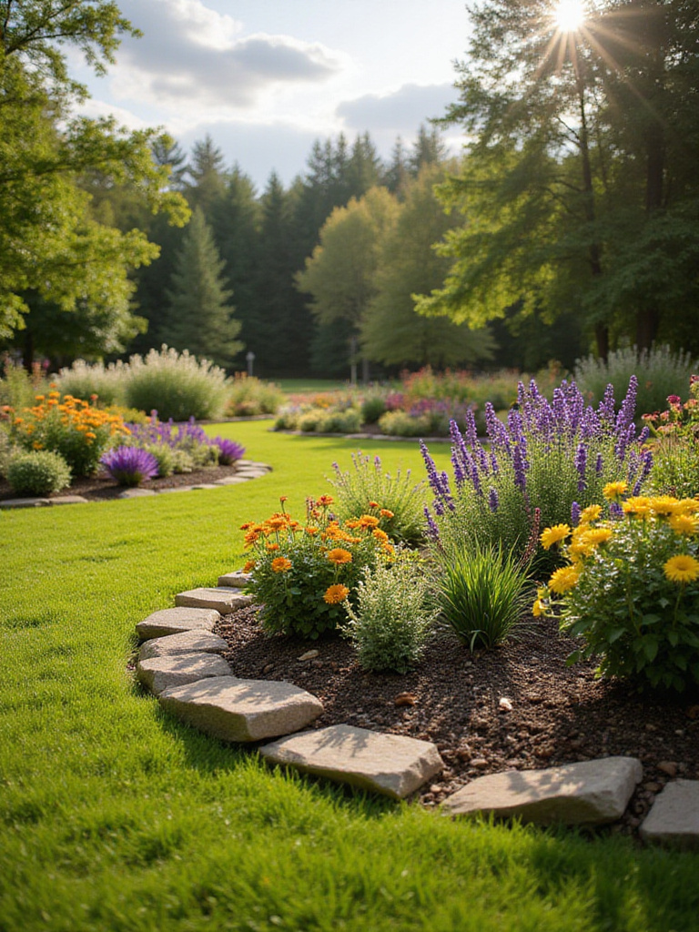 Garden bed edged with natural flagstone in a vibrant flower garden