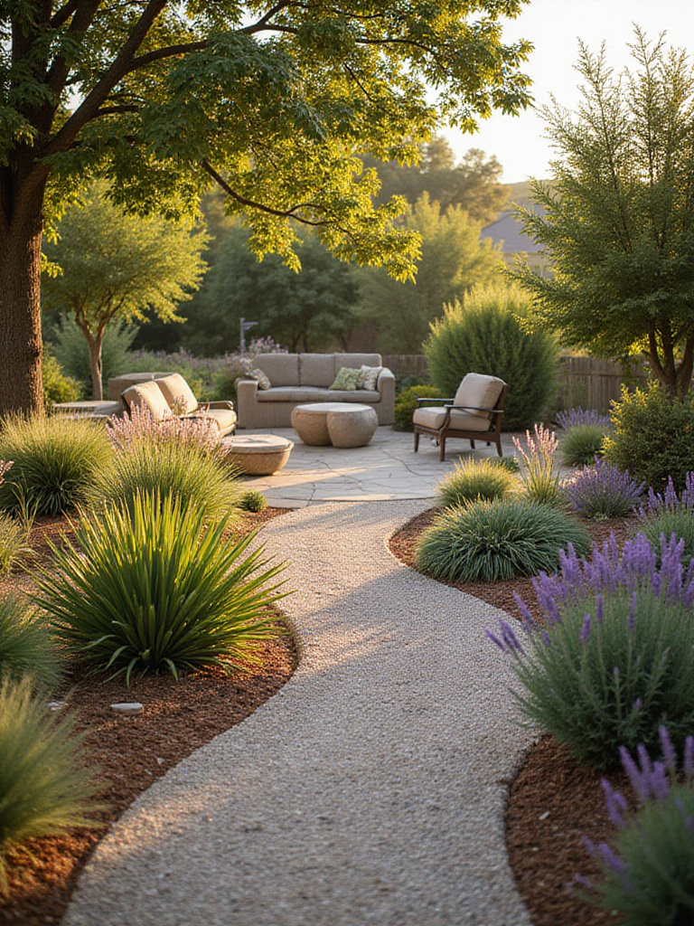 Low-maintenance yard featuring gravel pathway, drought-tolerant plants, and flagstone patio.