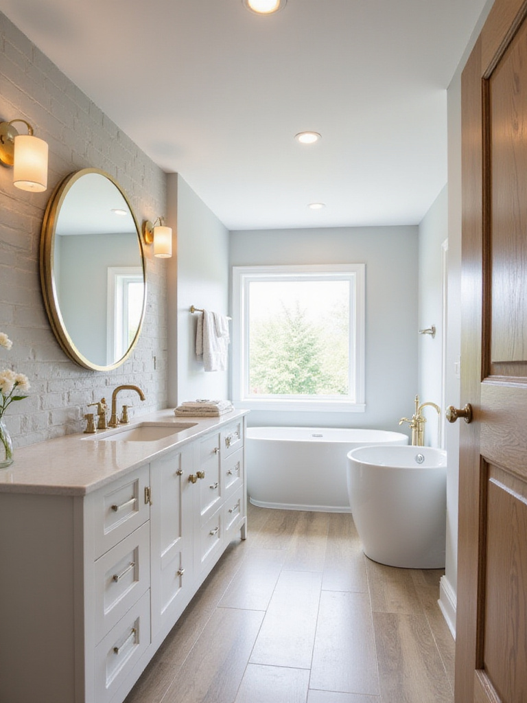 Contemporary bathroom with gold and brass metal accents.