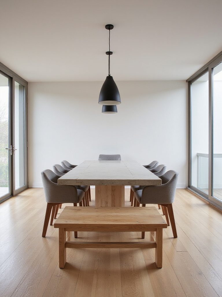 Modern dining room with wooden bench seating and concrete table.