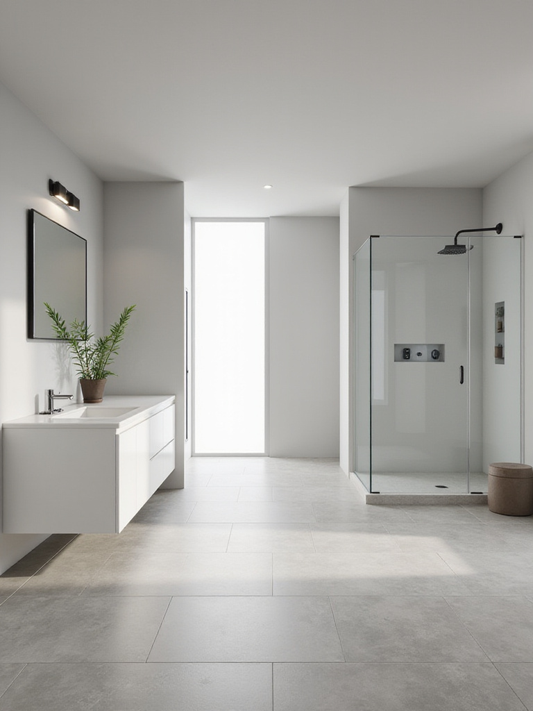Minimalist bathroom with floating vanity, frameless mirror, and walk-in shower.