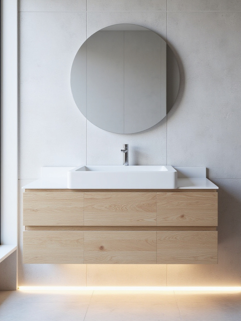 Sleek light wood floating vanity in a minimalist contemporary bathroom