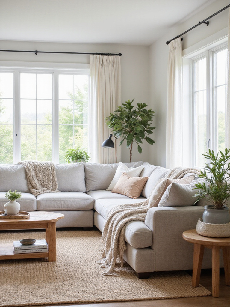 Neutral living room design with light gray sofa and woven rug