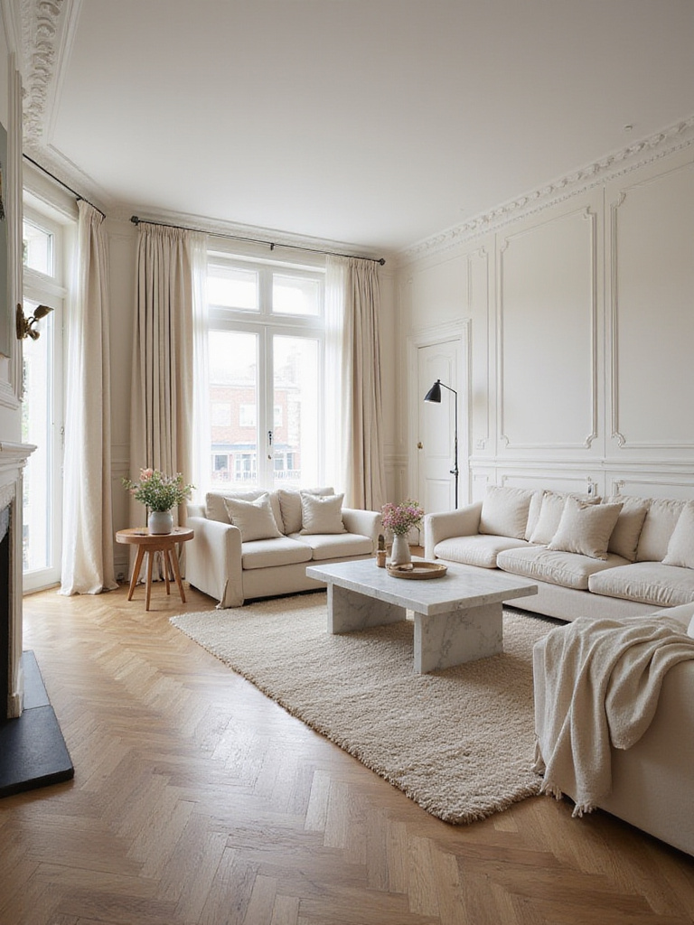 Luxury living room with neutral beige and cream color palette, showcasing timeless elegance.