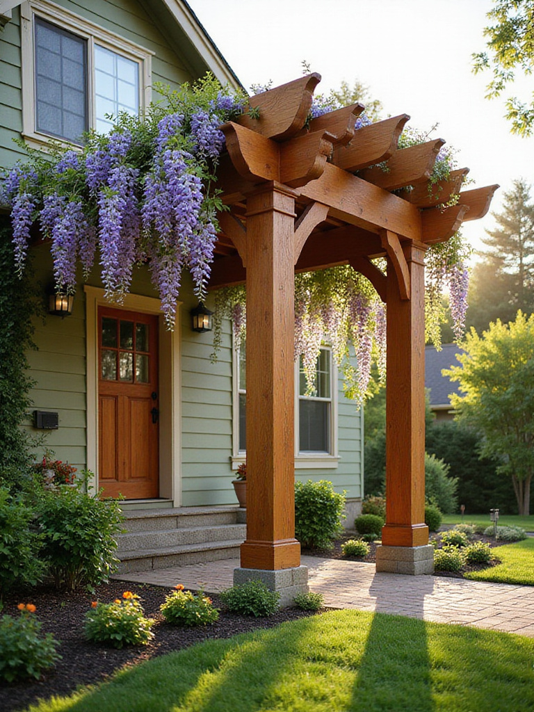 Close-up of a cedar pergola with wisteria vines attached to a craftsman-style home, enhancing curb appeal.
