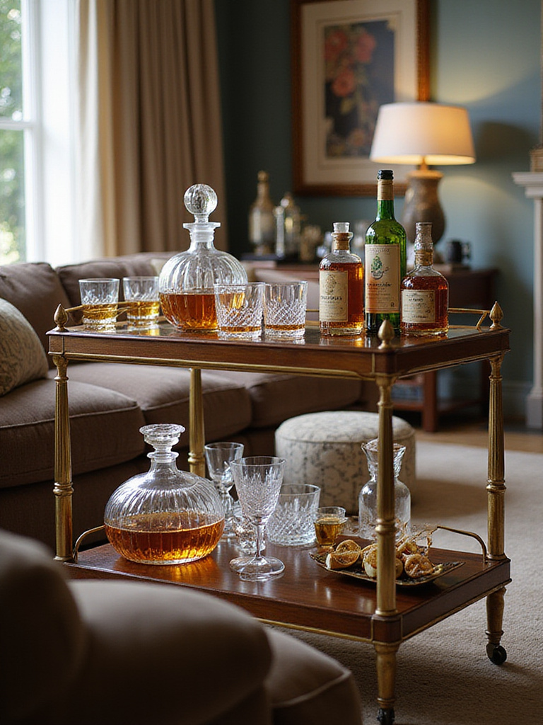 Luxury living room with a sophisticated brass and wood bar cart featuring crystal decanters and premium spirits.