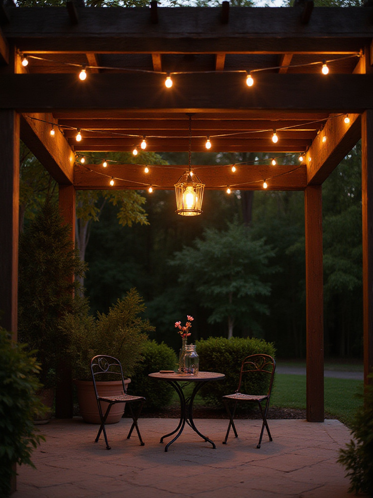 Close-up of a patio pergola with warm white bistro lights and a pendant light at twilight.