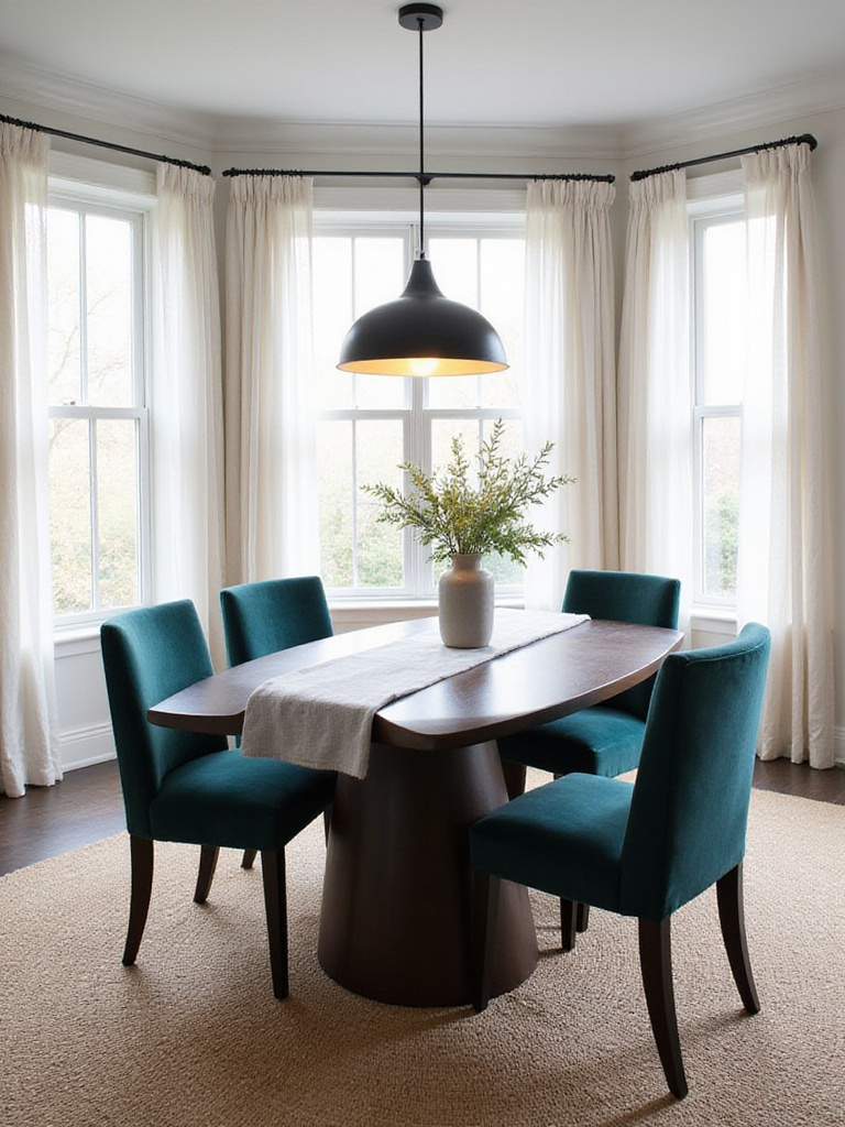 Modern dining room featuring velvet chairs, linen runner, and natural fiber rug.