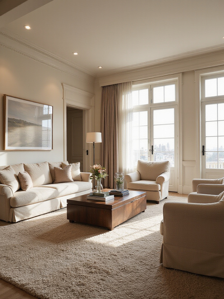 Luxury living room with a chic monochromatic beige color scheme, featuring varied textures and natural light.