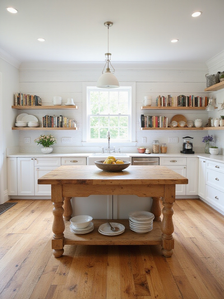 Farmhouse kitchen with wooden island and butcher block countertop