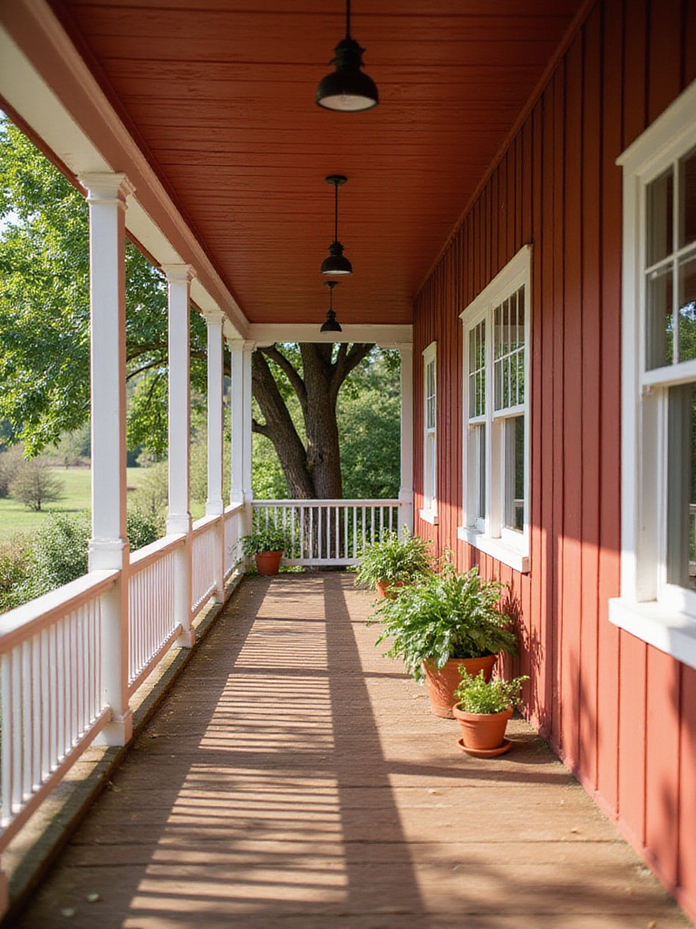 Farmhouse porch painted a warm barn red with white railings and potted plants.