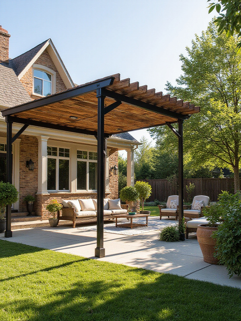 Backyard patio with a pergola that blends rustic and modern design elements, featuring a metal frame and reclaimed wood slats.
