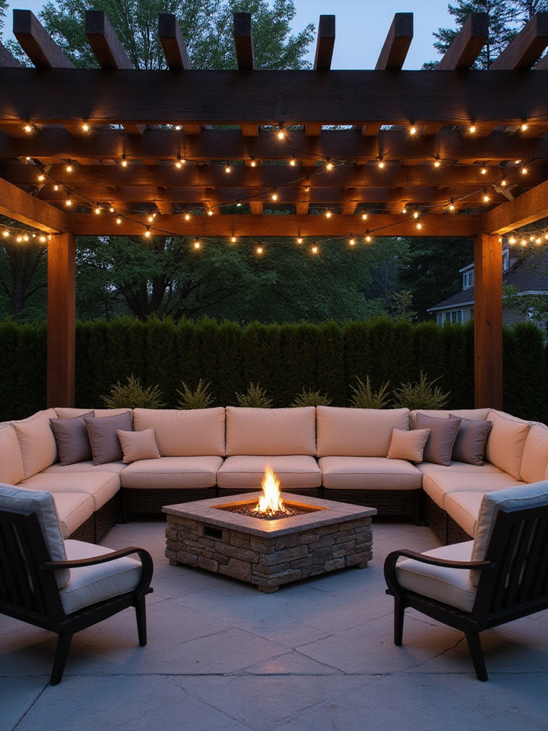 Cozy patio pergola with built-in gas fire pit table and plush seating