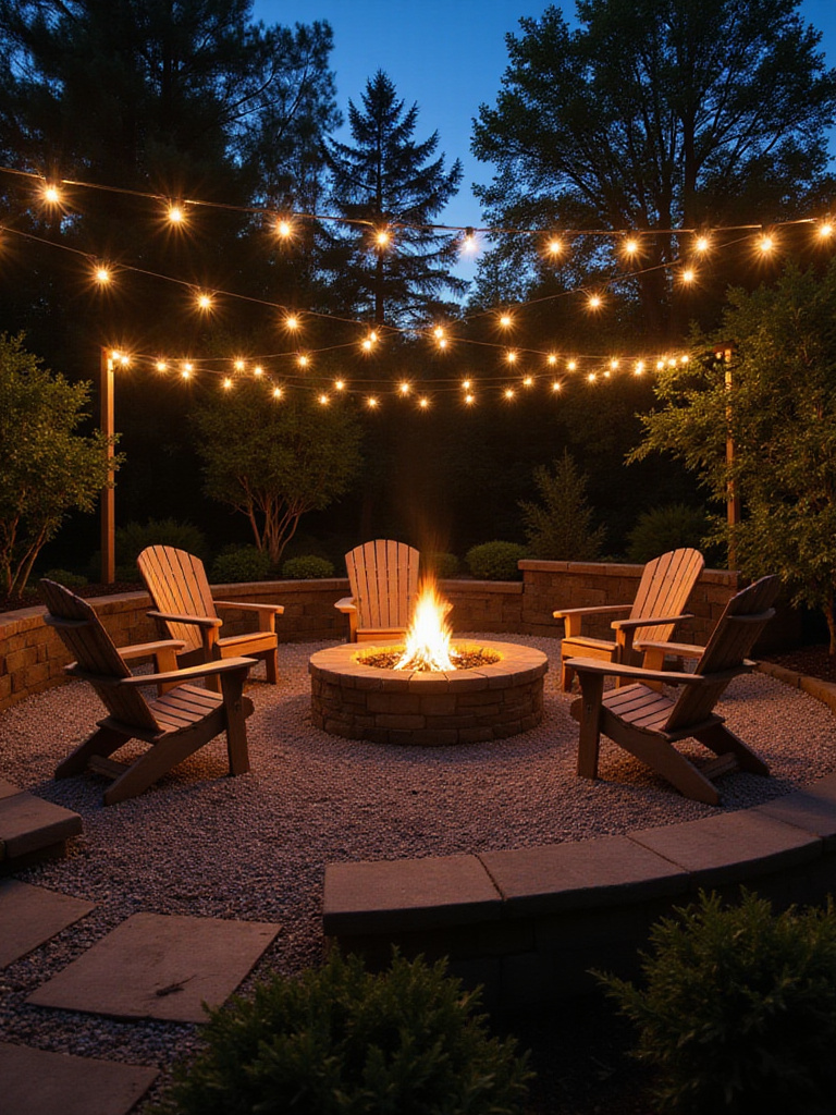Backyard fire pit with Adirondack chairs and string lights creating a cozy gathering space.