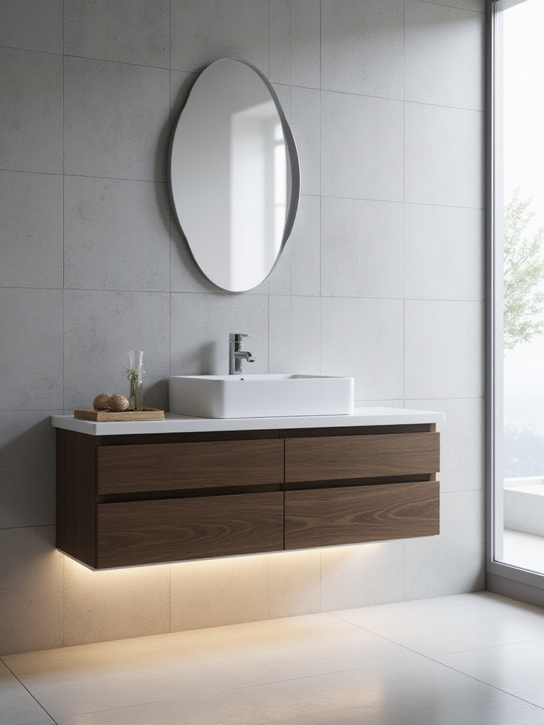 Modern bathroom with dark wood floating vanity and LED lighting.