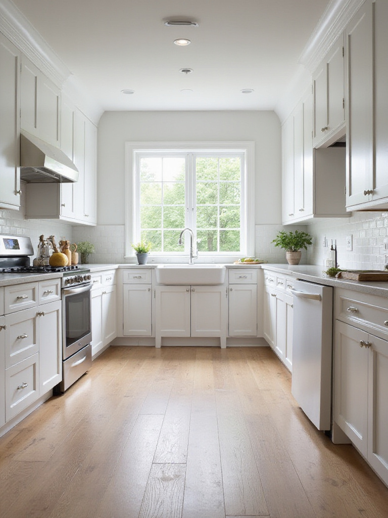 Modern kitchen with white shaker cabinets and light wood flooring.
