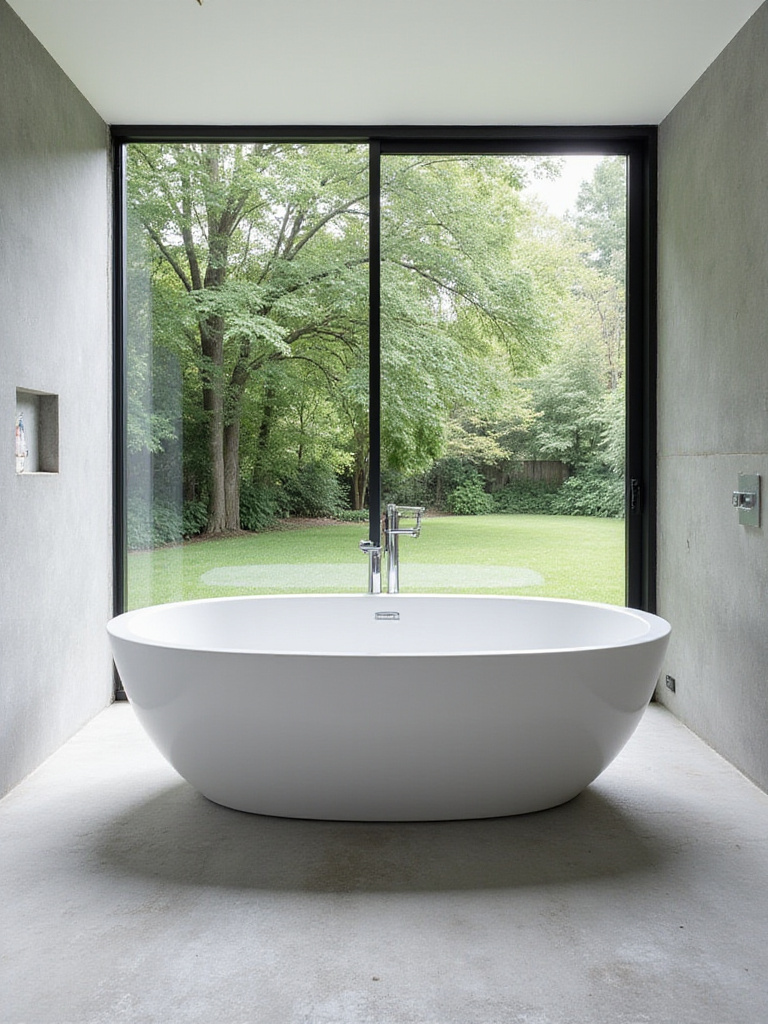 Modern bathroom design with a sculptural white freestanding tub near a large window.