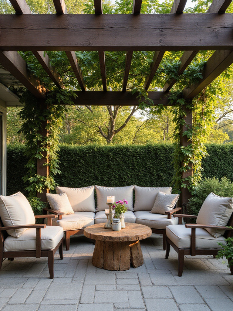 Luxurious patio pergola seating area with curved sofa and stylish armchairs.