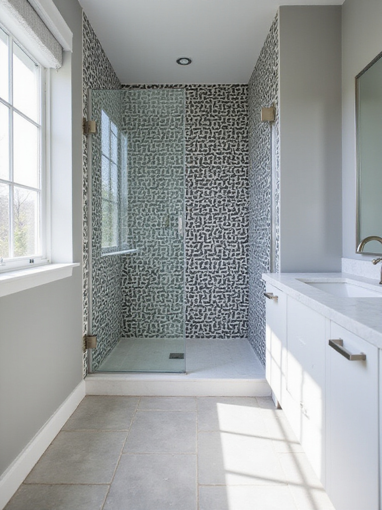 Modern bathroom featuring geometric tile shower with black and white tessellated pattern.