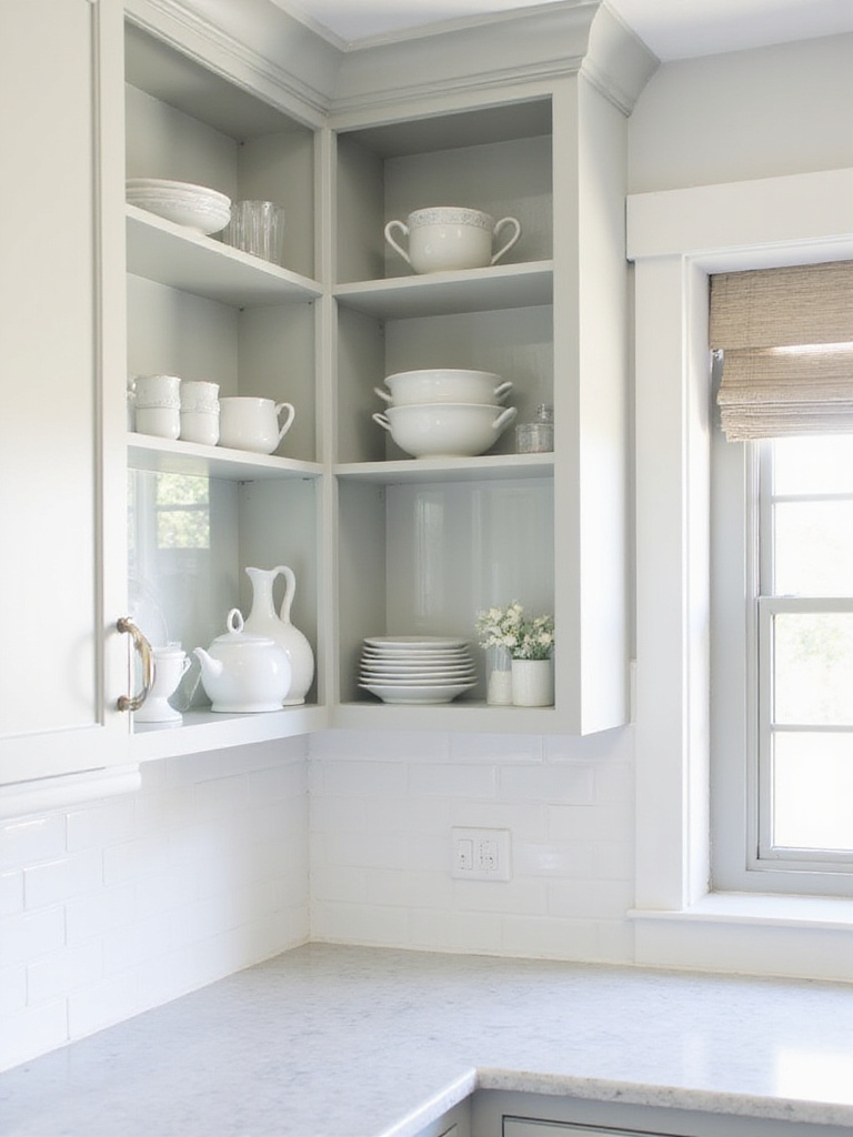 Modern farmhouse kitchen with glass-front cabinets displaying white dishes and glassware.