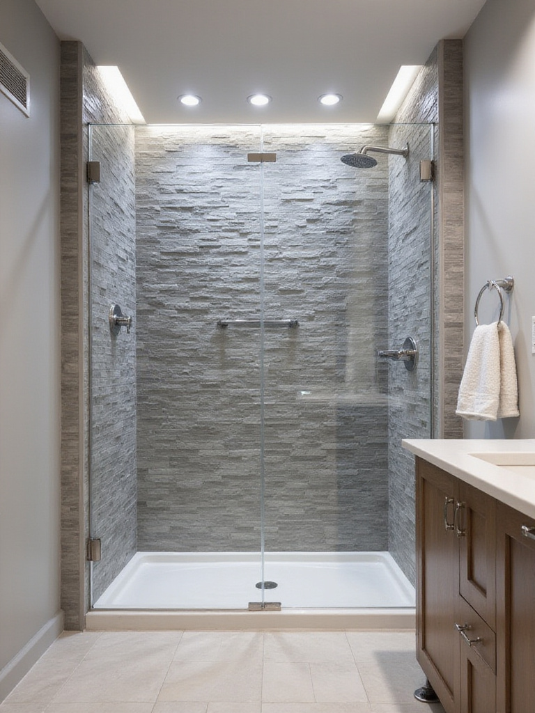 Contemporary bathroom with textured gray stone-look shower tiles.