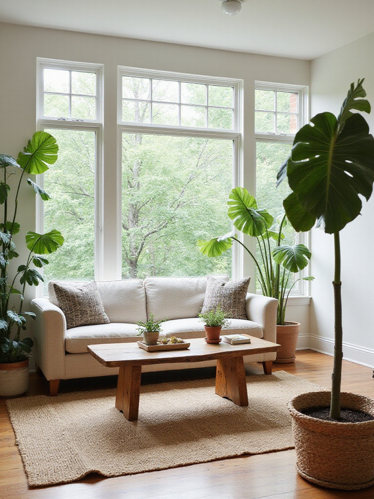 Sustainable living room design with natural light, linen sofa, reclaimed wood table, and jute rug.