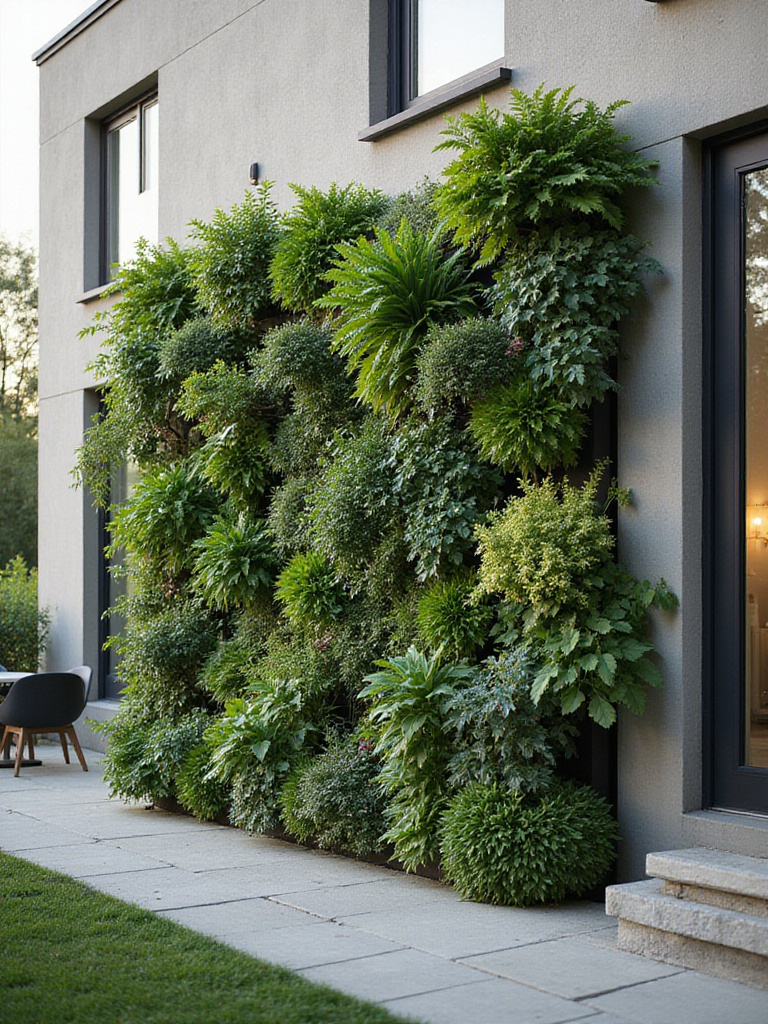 Lush vertical garden attached to a modern house wall.