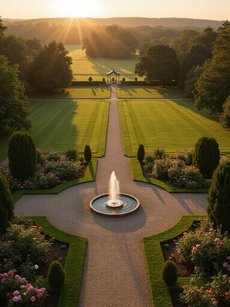 Breathtaking landscape design for a large yard with formal gardens, winding paths, and mature trees.