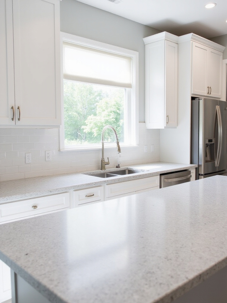 Gray quartz countertops with white shaker cabinets in a modern kitchen